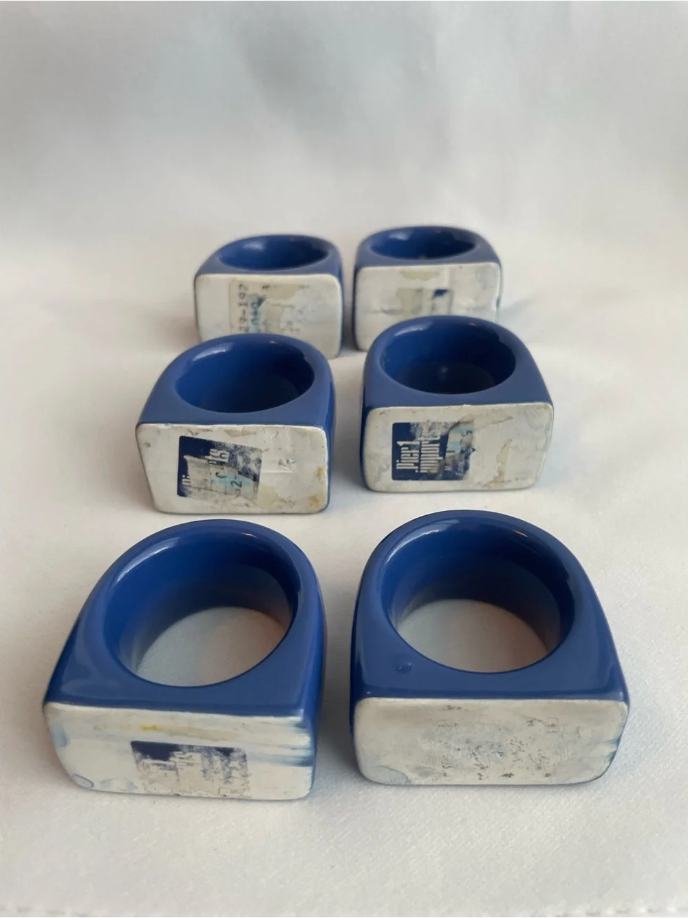 PIER 1 Standing Napkin Rings Holders Set of 6 Ceramic Japan 1980s Blue Vintage